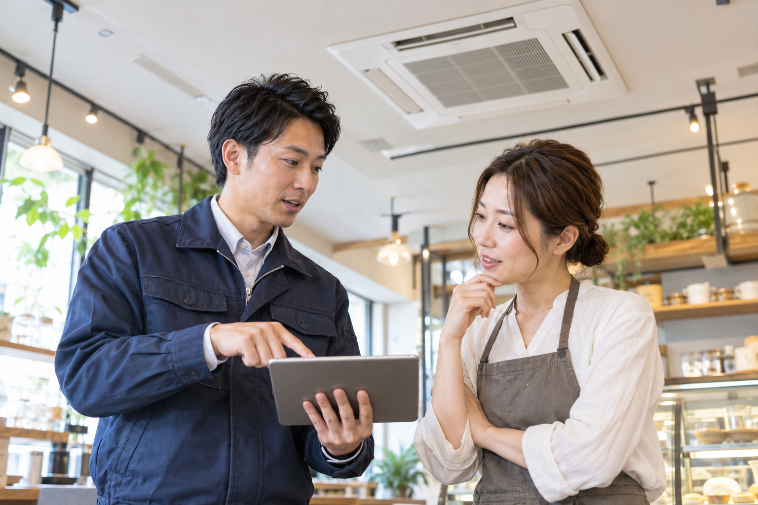 店内で機種選びの相談をするイメージ