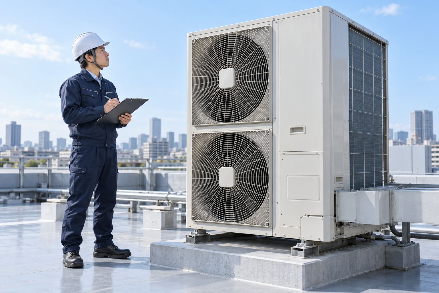 室外機の点検を行うスタッフのイメージ